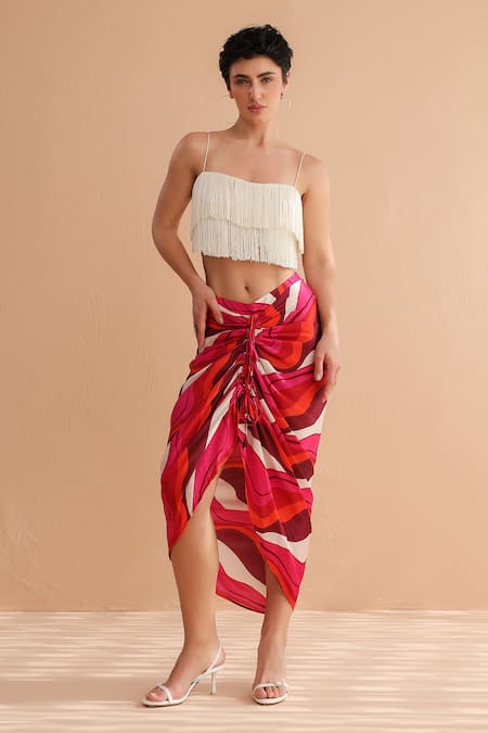 Pallavi Jaipur_Ivory Chanderi, Silk Fringe Square Neck Jennifer Leher Print Jacket And Skirt Set _Online_at_Aza_Fashions