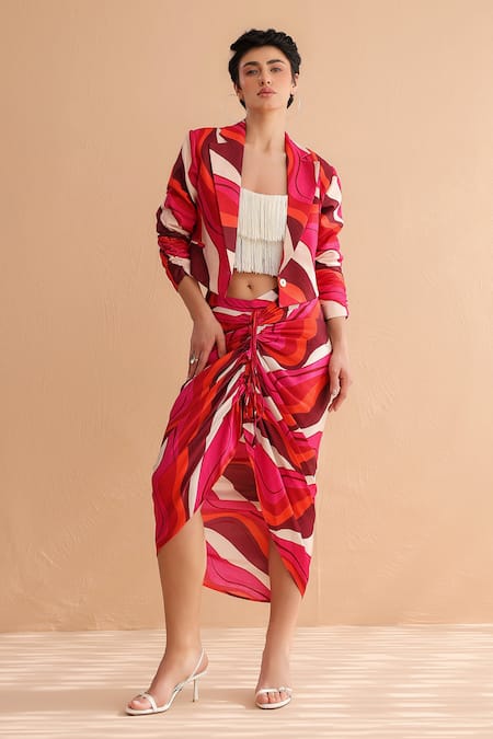 Shop_Pallavi Jaipur_Ivory Chanderi, Silk Fringe Square Neck Jennifer Leher Print Jacket And Skirt Set _Online_at_Aza_Fashions