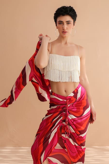 Pallavi Jaipur_Ivory Chanderi, Silk Fringe Square Neck Jennifer Leher Print Jacket And Skirt Set _at_Aza_Fashions