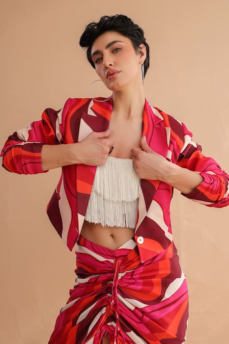 Buy_Pallavi Jaipur_Ivory Chanderi, Silk Fringe Square Neck Jennifer Leher Print Jacket And Skirt Set 