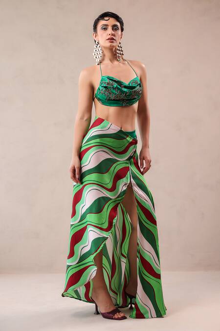 Buy_Pallavi Jaipur_Green Satin Embroidery Cowl , Halter Santa Monica Coverup And Bikini Set _Online_at_Aza_Fashions