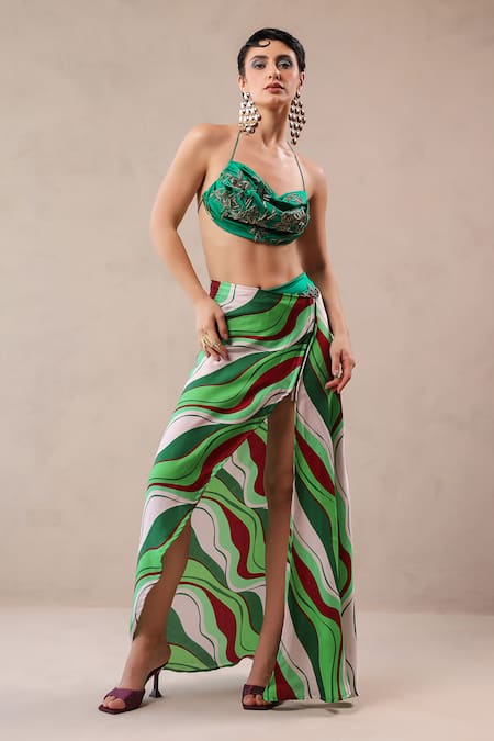 Pallavi Jaipur Green Satin Embroidery Cowl , Halter Santa Monica Coverup And Bikini Set 