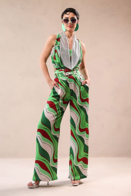 Pallavi Jaipur_Green Silk, Chiffon Cowl , Plunge Lehar Print Shirt And Pant Set _Online_at_Aza_Fashions