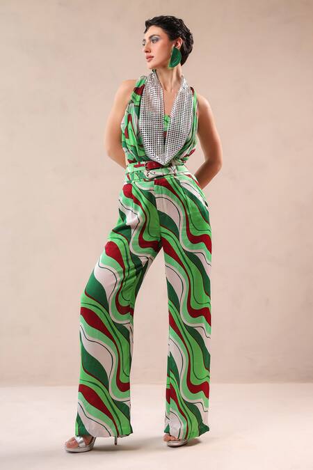 Buy_Pallavi Jaipur_Green Silk, Chiffon Cowl , Plunge Lehar Print Shirt And Pant Set _Online_at_Aza_Fashions