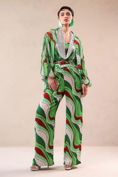 Shop Pallavi Jaipur Green Silk, Chiffon Cowl , Plunge Lehar Print Shirt And Pant Set Online at Aza Fashions Shop_Pallavi Jaipur_Green Silk, Chiffon Cowl , Plunge Lehar Print Shirt And Pant Set _Online_at_Aza_Fashions