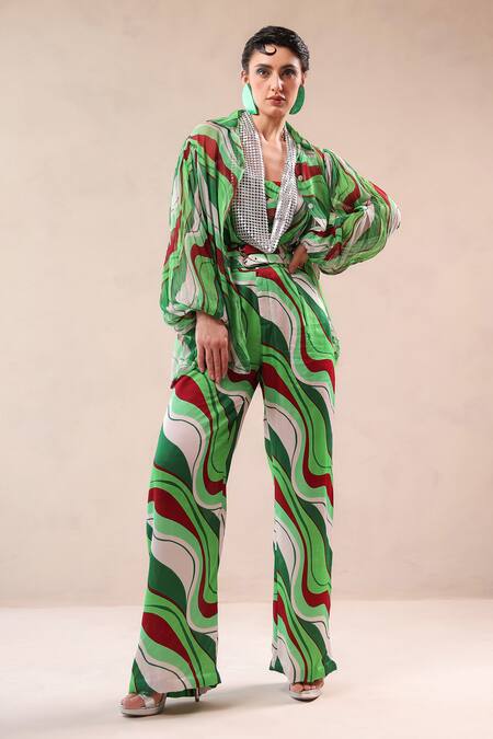 Pallavi Jaipur_Green Silk, Chiffon Cowl , Plunge Lehar Print Shirt And Pant Set _at_Aza_Fashions