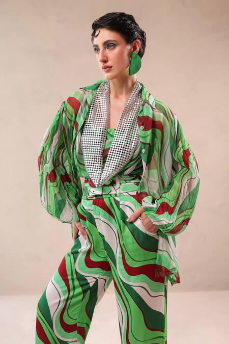 Buy_Pallavi Jaipur_Green Silk, Chiffon Cowl , Plunge Lehar Print Shirt And Pant Set 