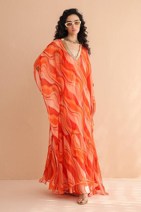 Buy_Pallavi Jaipur_Orange Chiffon, Silk Beads V-neck Sunset Tier Kaftaan And Dress Set _Online_at_Aza_Fashions