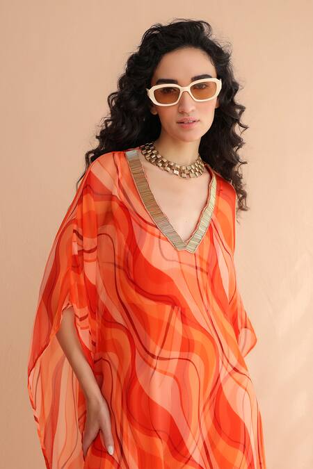 Shop_Pallavi Jaipur_Orange Chiffon, Silk Beads V-neck Sunset Tier Kaftaan And Dress Set _Online_at_Aza_Fashions