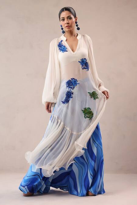 Pallavi Jaipur_Off White Chiffon, Georgette, Silk Indie Rose Pattern Kurta And Palazzo Set _Online_at_Aza_Fashions