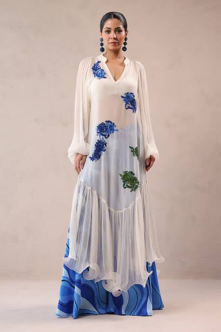 Buy_Pallavi Jaipur_Off White Chiffon, Georgette, Silk Indie Rose Pattern Kurta And Palazzo Set _Online_at_Aza_Fashions