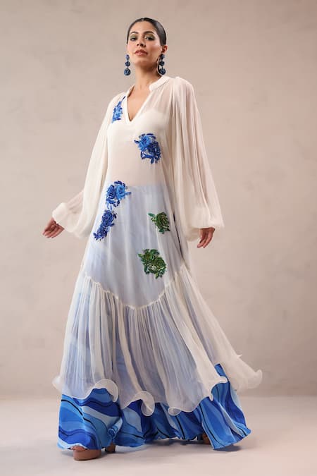 Shop_Pallavi Jaipur_Off White Chiffon, Georgette, Silk Indie Rose Pattern Kurta And Palazzo Set _Online_at_Aza_Fashions