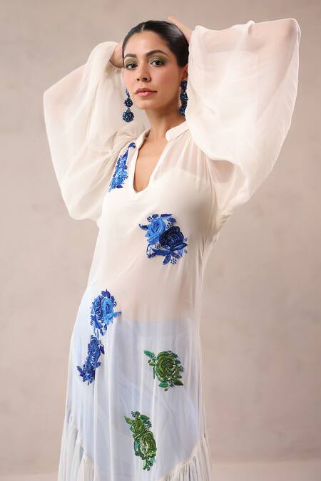 Pallavi Jaipur_Off White Chiffon, Georgette, Silk Indie Rose Pattern Kurta And Palazzo Set _at_Aza_Fashions