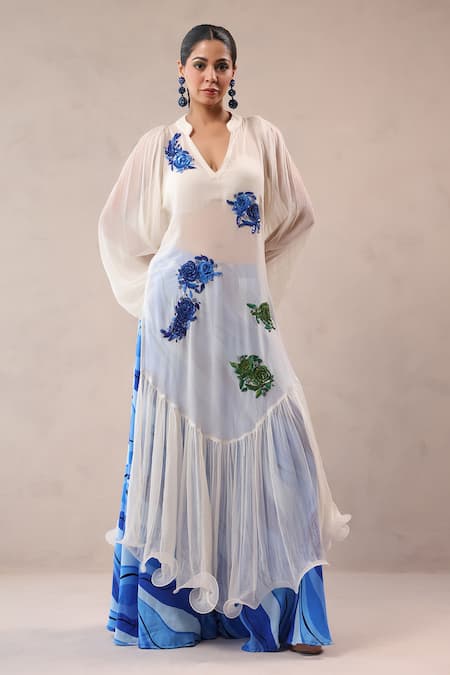 Pallavi Jaipur Off White Chiffon, Georgette, Silk Indie Rose Pattern Kurta And Palazzo Set 