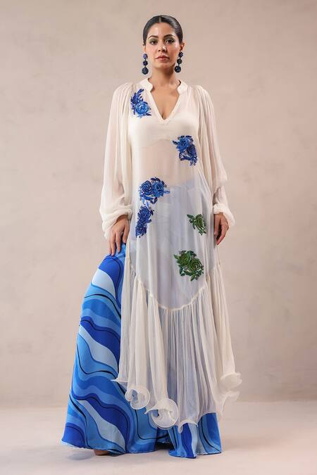 Buy_Pallavi Jaipur_Off White Chiffon, Georgette, Silk Indie Rose Pattern Kurta And Palazzo Set 