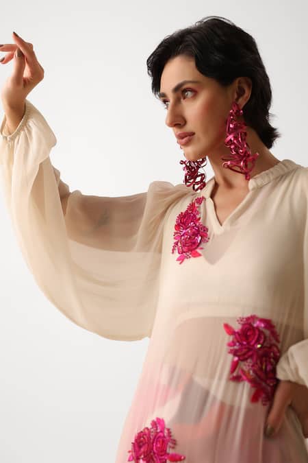 Pallavi Jaipur_Off White Chiffon, Georgette, Silk Embroidery, Indie Rose Kurta And Palazzo Set _Online_at_Aza_Fashions