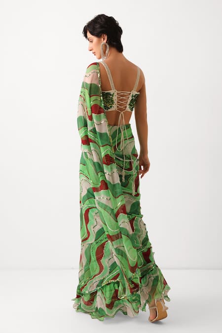 Pallavi Jaipur Lush Green Lehar Pre-Draped Saree With Corset Blouse 