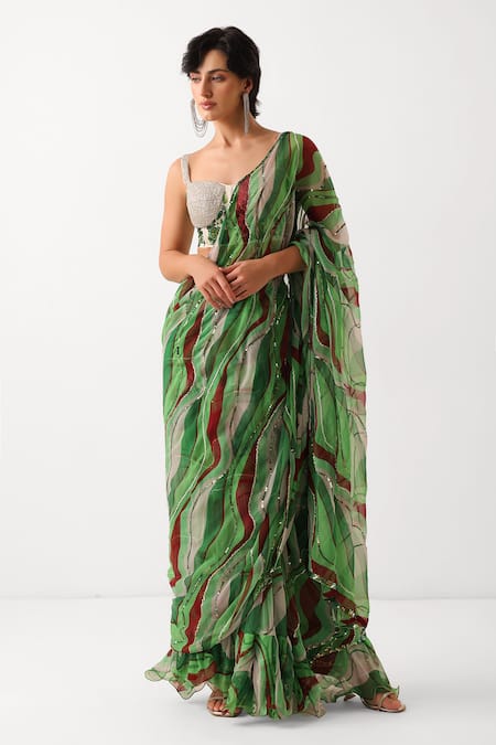 Pallavi Jaipur_Green Chiffon, Chanderi Sequins, Lush Lehar Pre-draped Saree With Corset Blouse _Online_at_Aza_Fashions