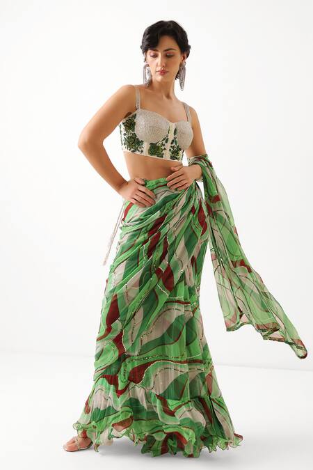 Shop_Pallavi Jaipur_Green Chiffon, Chanderi Sequins, Lush Lehar Pre-draped Saree With Corset Blouse _Online_at_Aza_Fashions