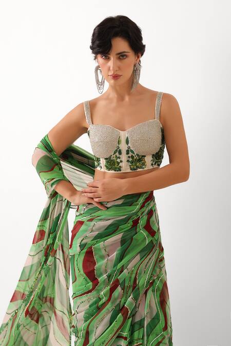 Pallavi Jaipur_Green Chiffon, Chanderi Sequins, Lush Lehar Pre-draped Saree With Corset Blouse _at_Aza_Fashions