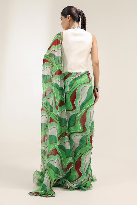 Pallavi Jaipur Lush Green Lehar Pre-Draped Saree With Waistcoat 