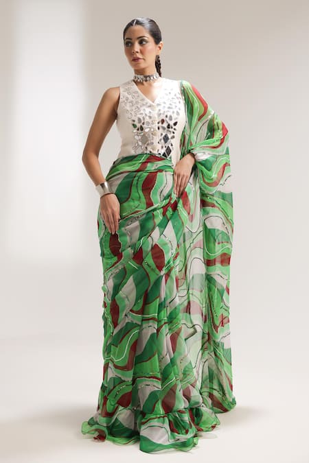 Pallavi Jaipur_Green Chiffon, Chanderi Sequins, Lush Lehar Pre-draped Saree With Waistcoat _Online_at_Aza_Fashions