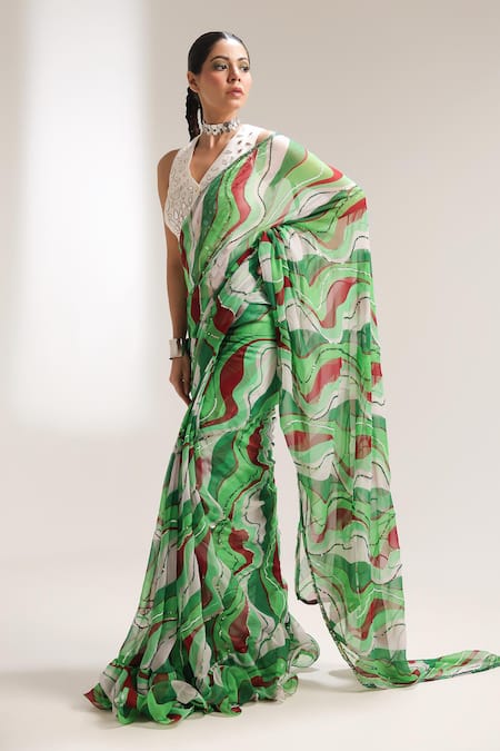 Buy_Pallavi Jaipur_Green Chiffon, Chanderi Sequins, Lush Lehar Pre-draped Saree With Waistcoat _Online_at_Aza_Fashions