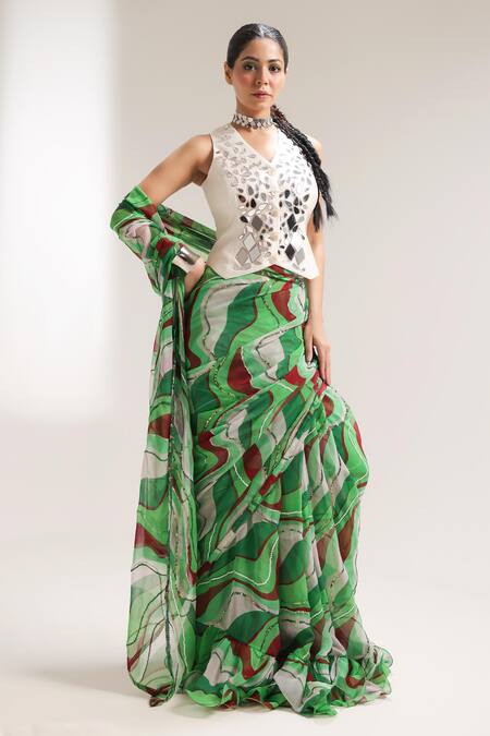 Shop_Pallavi Jaipur_Green Chiffon, Chanderi Sequins, Lush Lehar Pre-draped Saree With Waistcoat _Online_at_Aza_Fashions