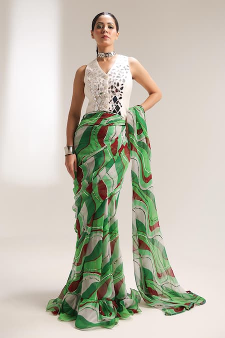 Pallavi Jaipur_Green Chiffon, Chanderi Sequins, Lush Lehar Pre-draped Saree With Waistcoat _at_Aza_Fashions