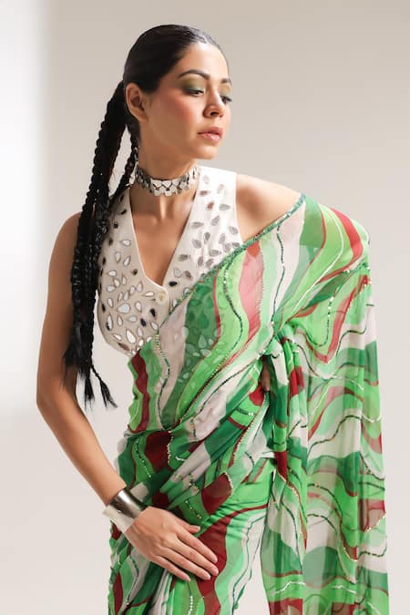 Buy_Pallavi Jaipur_Green Chiffon, Chanderi Sequins, Lush Lehar Pre-draped Saree With Waistcoat 