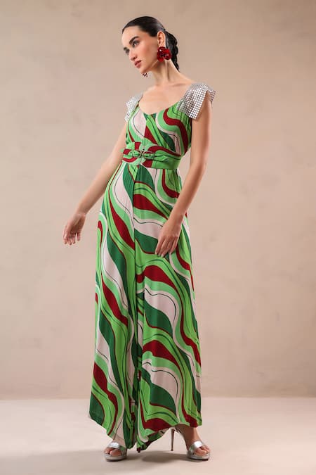 Pallavi Jaipur_Green Silk Sequins V-neck Melrose Avenue Jumpsuit With Belt _Online_at_Aza_Fashions