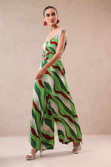 Buy_Pallavi Jaipur_Green Silk Sequins V-neck Melrose Avenue Jumpsuit With Belt _Online_at_Aza_Fashions