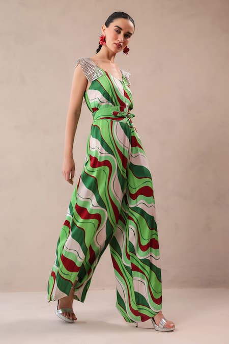 Shop_Pallavi Jaipur_Green Silk Sequins V-neck Melrose Avenue Jumpsuit With Belt _Online_at_Aza_Fashions
