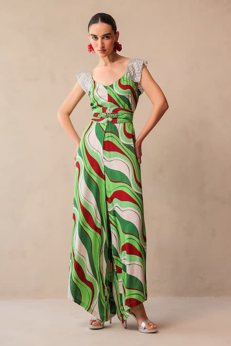 Pallavi Jaipur Green Silk Sequins V-neck Melrose Avenue Jumpsuit With Belt 