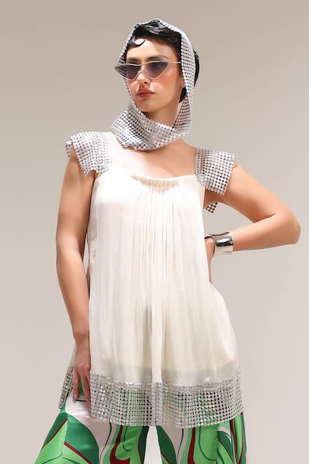 Pallavi Jaipur_Off White Crepe, Silk Metallic Beverly Hills Creme Tunic With Bell Bottoms Pant _Online_at_Aza_Fashions