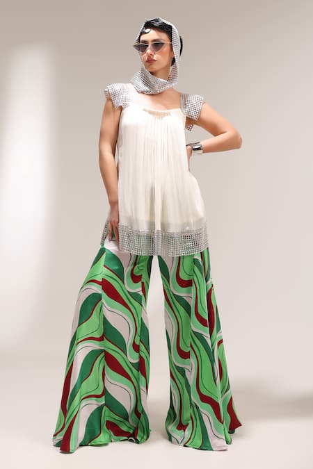 Pallavi Jaipur Beverly Hills Creme Tunic With Bell Bottoms Pant 