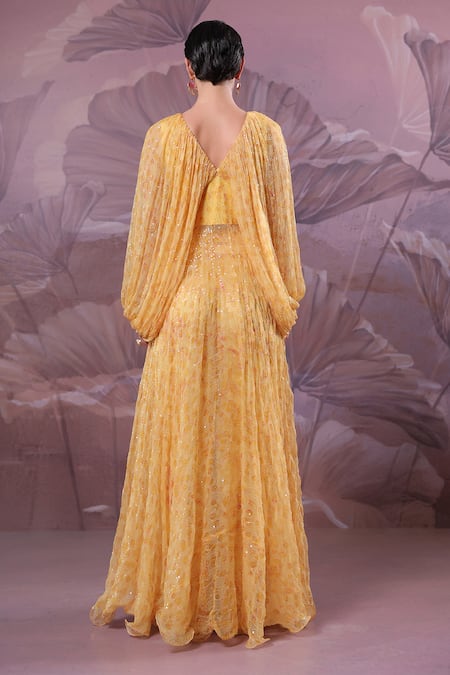 Shop_Pallavi Jaipur_Yellow Chiffon, Silk Sequins V-neck Butter Flury Jacket And Pant Set _at_Aza_Fashions