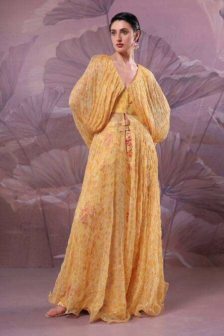 Pallavi Jaipur_Yellow Chiffon, Silk Sequins V-neck Butter Flury Jacket And Pant Set _Online_at_Aza_Fashions