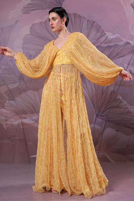 Buy_Pallavi Jaipur_Yellow Chiffon, Silk Sequins V-neck Butter Flury Jacket And Pant Set _Online_at_Aza_Fashions