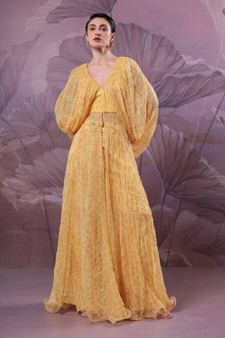 Shop_Pallavi Jaipur_Yellow Chiffon, Silk Sequins V-neck Butter Flury Jacket And Pant Set _Online_at_Aza_Fashions