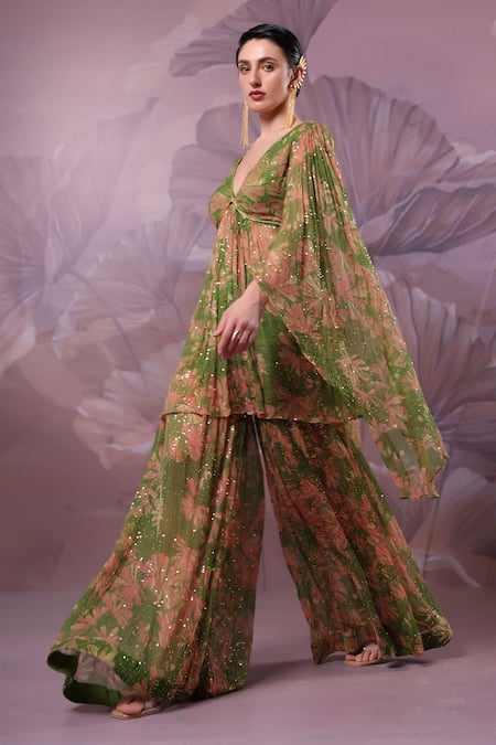 Pallavi Jaipur_Green Chiffon Sequins V-neck City Of Joy Avacado Tunic With Sharara _Online_at_Aza_Fashions