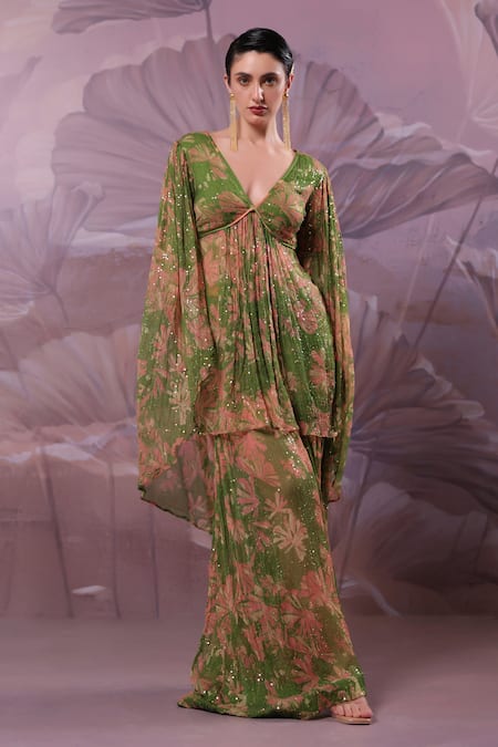 Buy_Pallavi Jaipur_Green Chiffon Sequins V-neck City Of Joy Avacado Tunic With Sharara _Online_at_Aza_Fashions