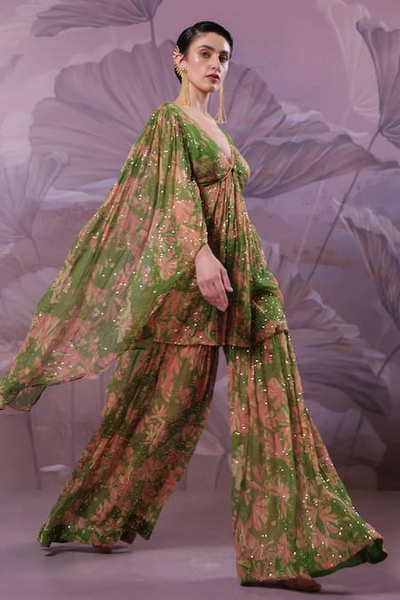 Shop_Pallavi Jaipur_Green Chiffon Sequins V-neck City Of Joy Avacado Tunic With Sharara _at_Aza_Fashions