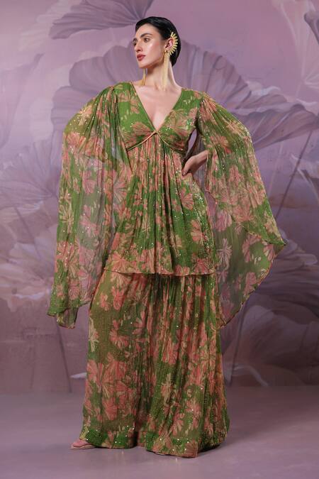 Pallavi Jaipur_Green Chiffon Sequins V-neck City Of Joy Avacado Tunic With Sharara _at_Aza_Fashions