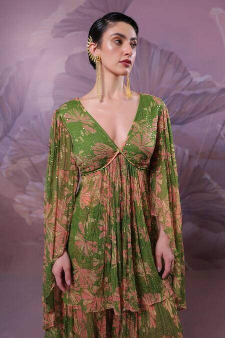 Buy_Pallavi Jaipur_Green Chiffon Sequins V-neck City Of Joy Avacado Tunic With Sharara 