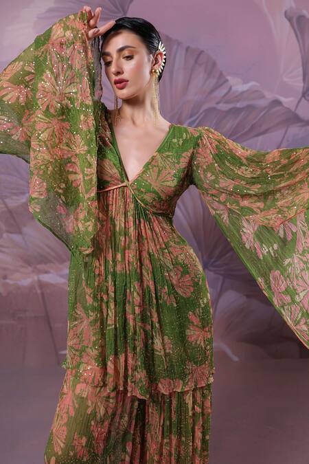 Shop_Pallavi Jaipur_Green Chiffon Sequins V-neck City Of Joy Avacado Tunic With Sharara 