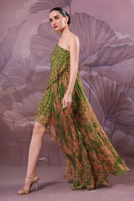 Pallavi Jaipur Green Chiffon Sequins One Shoulder Marble Palace Dress Online at Aza Fashions Pallavi Jaipur_Green Chiffon Sequins One Shoulder Marble Palace Dress _Online_at_Aza_Fashions