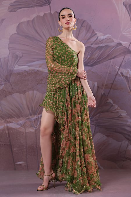 Buy_Pallavi Jaipur_Green Chiffon Sequins One Shoulder Marble Palace Dress _Online_at_Aza_Fashions