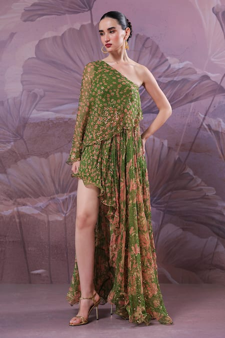 Pallavi Jaipur Green Chiffon Sequins One Shoulder Marble Palace Dress 