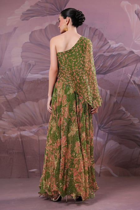 Shop_Pallavi Jaipur_Green Chiffon Sequins One Shoulder Marble Palace Dress _at_Aza_Fashions